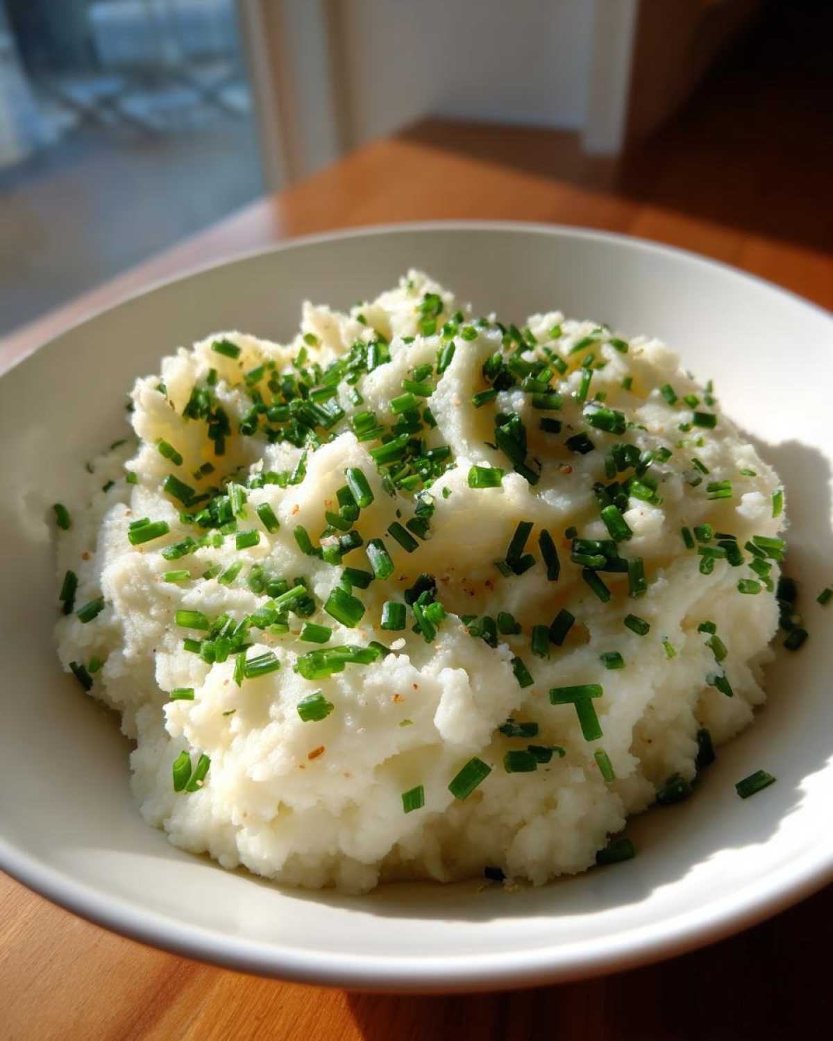 A white bowl filled with fluffy Creamy Garlic Mashed Cauliflower, topped generously with fresh, chopped green chives.