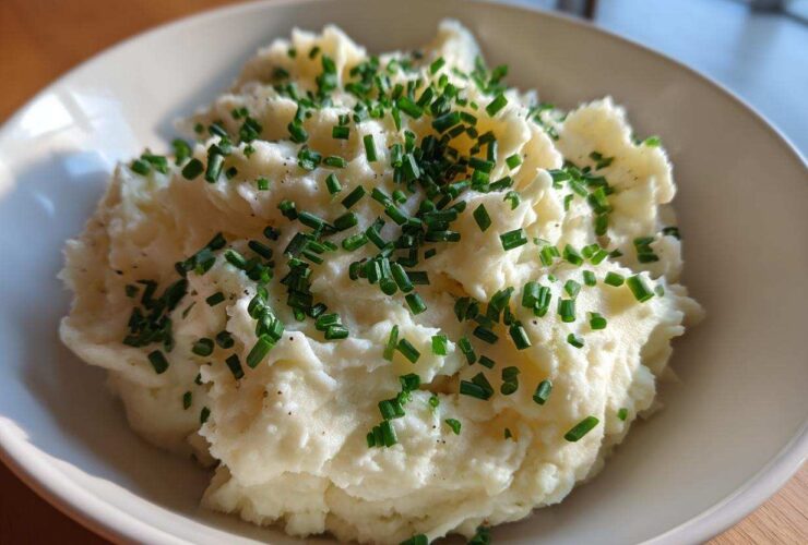 A bowl of fluffy Creamy Garlic Mashed Cauliflower topped generously with fresh, chopped green chives.