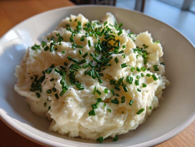 A bowl of fluffy Creamy Garlic Mashed Cauliflower topped generously with fresh, chopped green chives.
