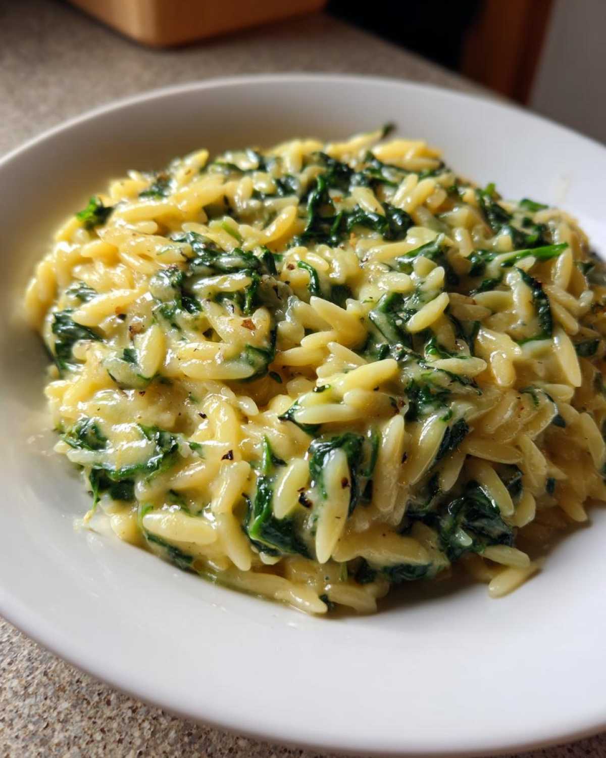 Close-up of a white bowl filled with Creamy Garlic Parmesan Orzo with Spinach, showing rich, cheesy sauce coating the pasta and dark green spinach.