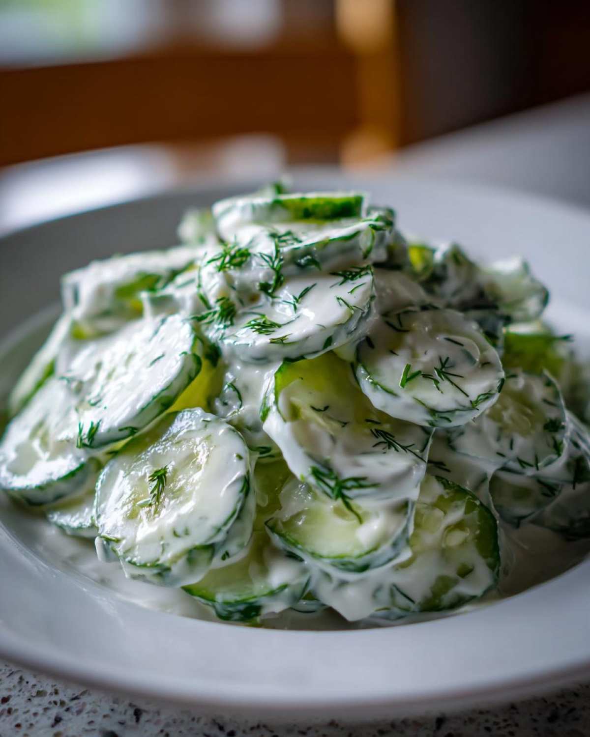 A mound of sliced cucumbers coated in a creamy white dressing and fresh dill, representing Creamy German Cucumber Salad.