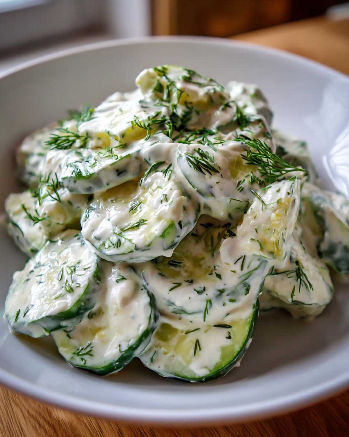 Close-up of sliced cucumbers coated in a rich, creamy dressing and topped with fresh dill, showcasing the Creamy German Cucumber Salad.