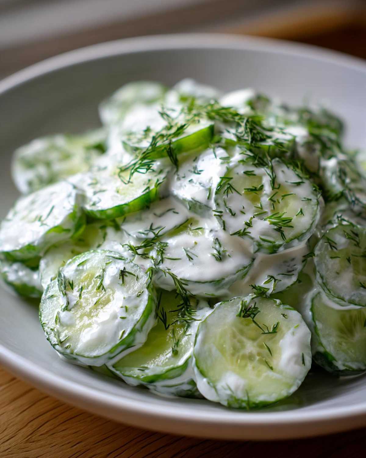 A close-up of sliced cucumbers coated in a creamy white dressing and topped with fresh dill, showcasing the Creamy German Cucumber Salad.