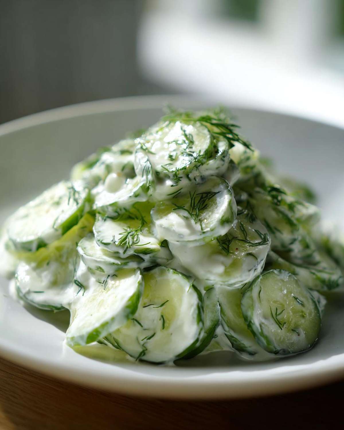 A mound of thinly sliced cucumbers coated in a creamy dressing and topped with fresh dill, characteristic of Creamy German Cucumber Salad.