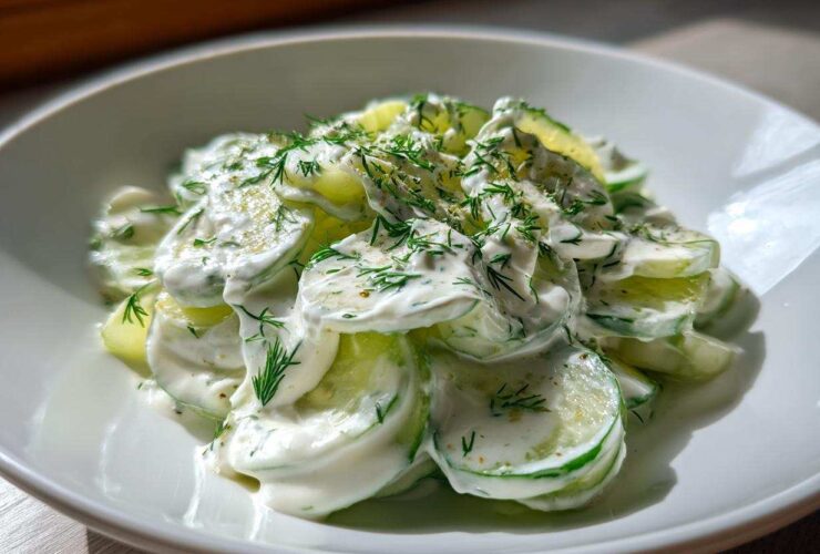 Close-up of sliced cucumbers generously coated in a creamy dressing and topped with fresh dill, representing Creamy German Cucumber Salad.