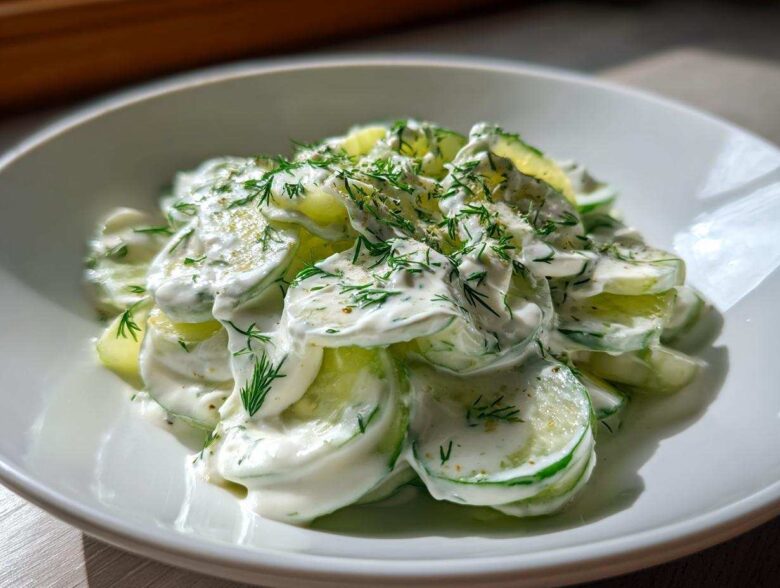 Close-up of sliced cucumbers generously coated in a creamy dressing and topped with fresh dill, representing Creamy German Cucumber Salad.