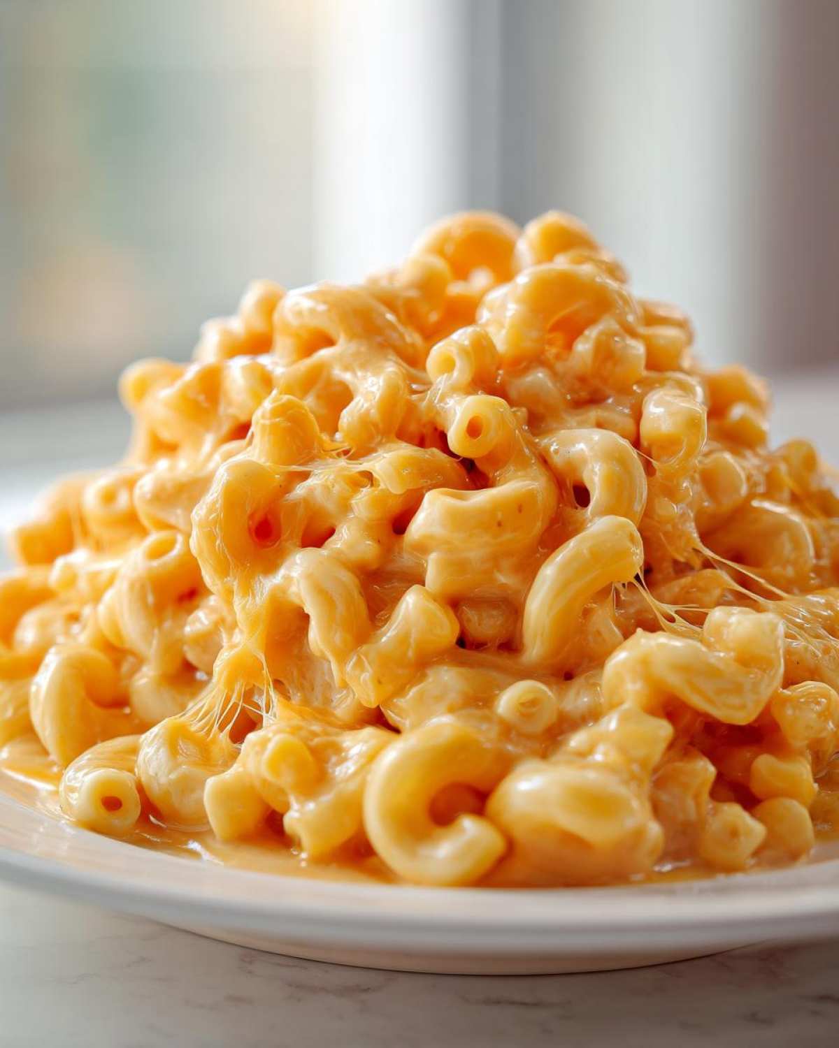 A mound of creamy, cheesy Instant Pot Mac and Cheese with visible cheese pulls on a white plate.