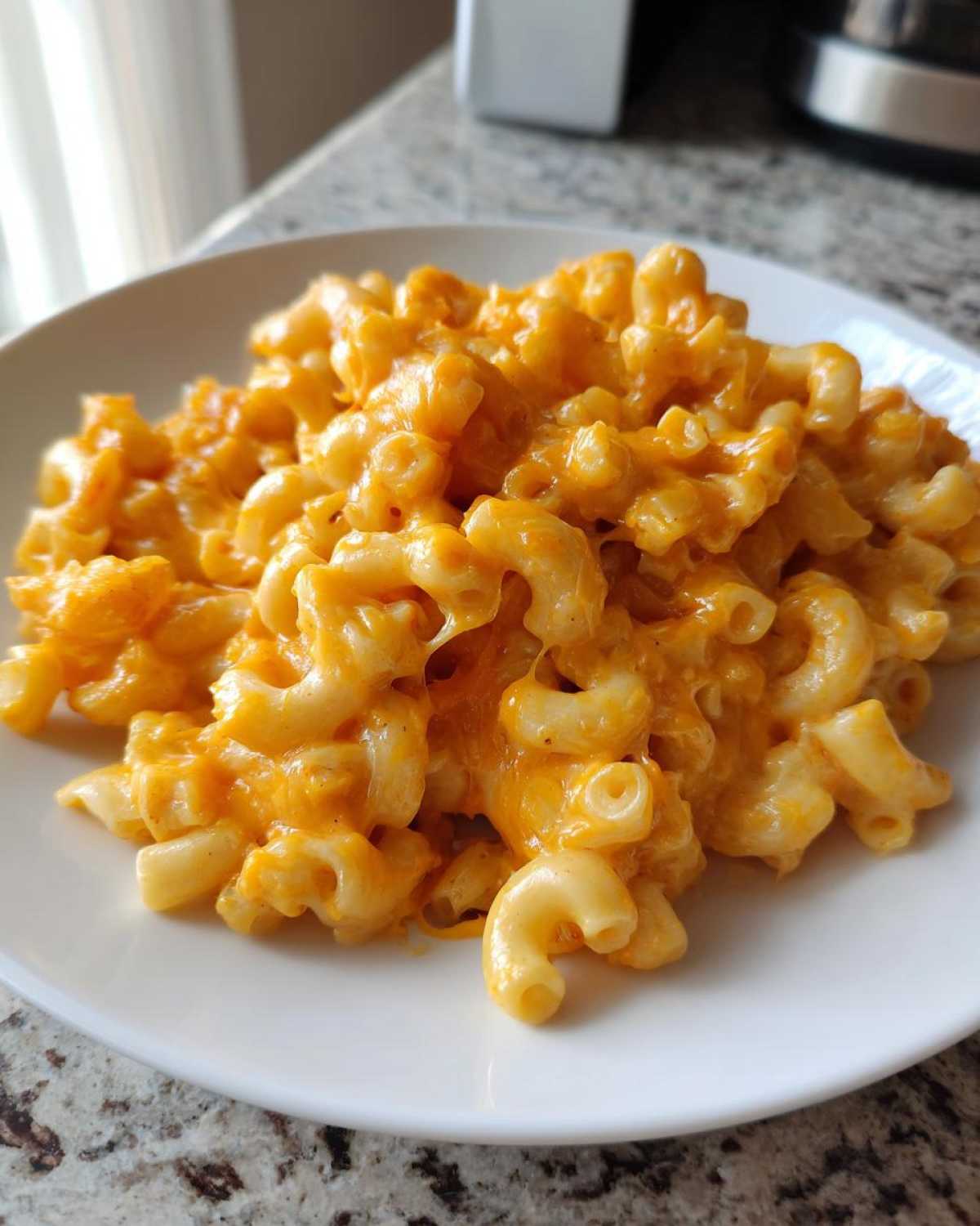 Close-up of creamy, cheesy Instant Pot Mac and Cheese served on a white plate.