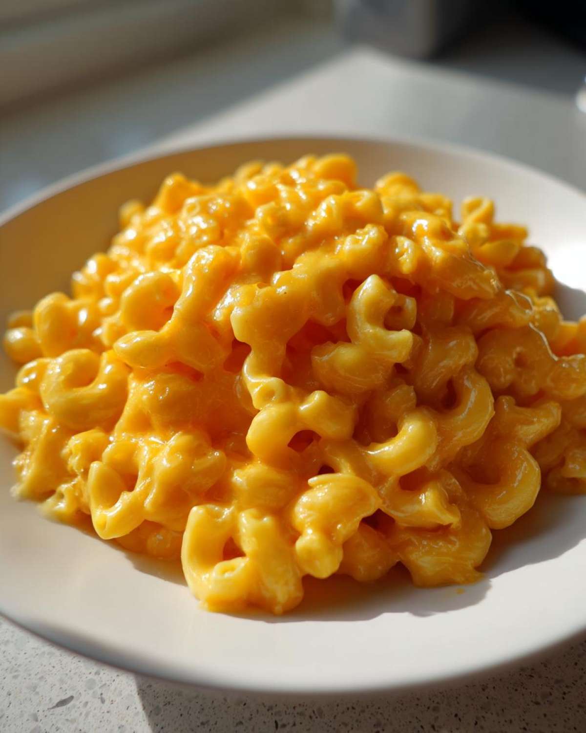 A close-up of creamy, bright orange Instant Pot Mac and Cheese served on a white plate.