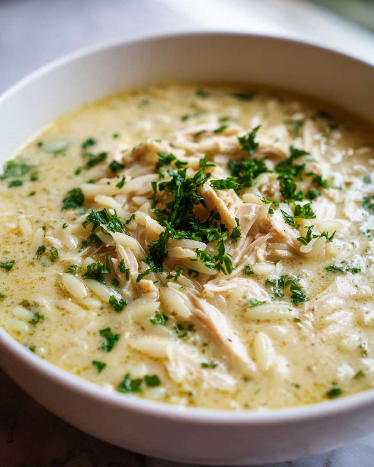 A close-up view of a bowl of rich Creamy Lemon Chicken Orzo Soup topped with shredded chicken and fresh parsley.