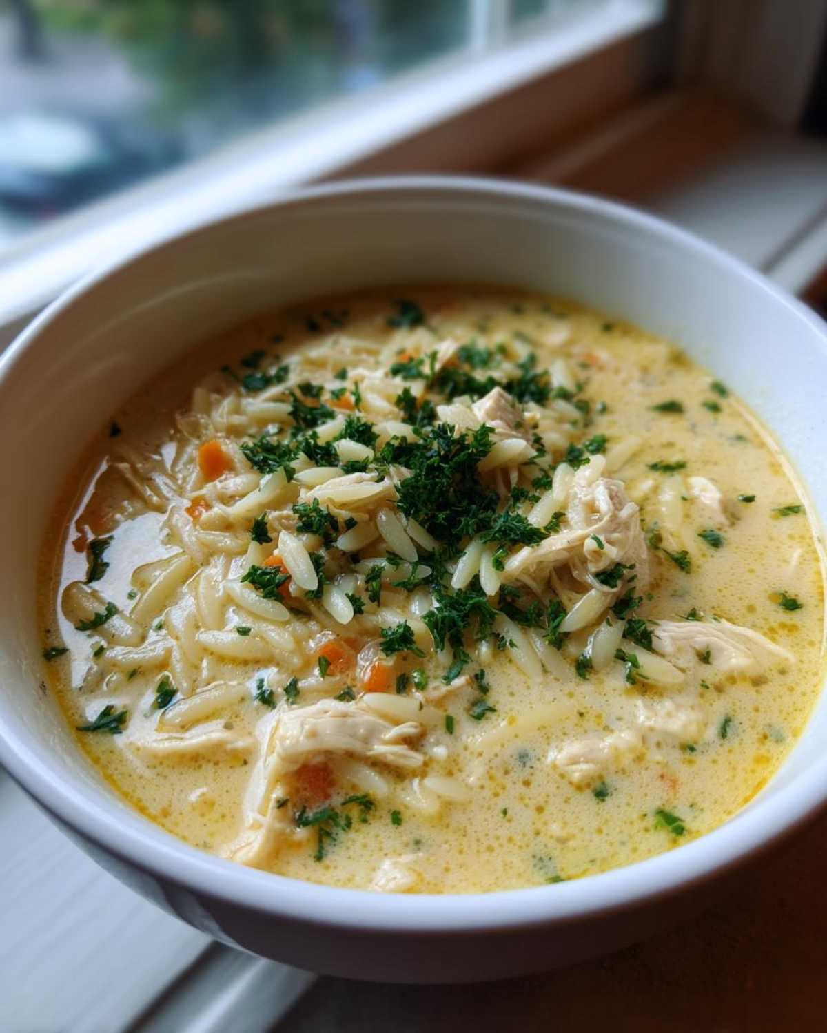 A close-up of a white bowl filled with Creamy Lemon Chicken Orzo Soup, topped with fresh parsley.
