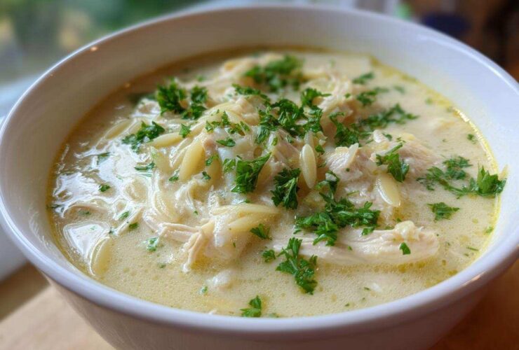 Close-up of a white bowl filled with Creamy Lemon Chicken Orzo Soup, topped with shredded chicken and fresh parsley.