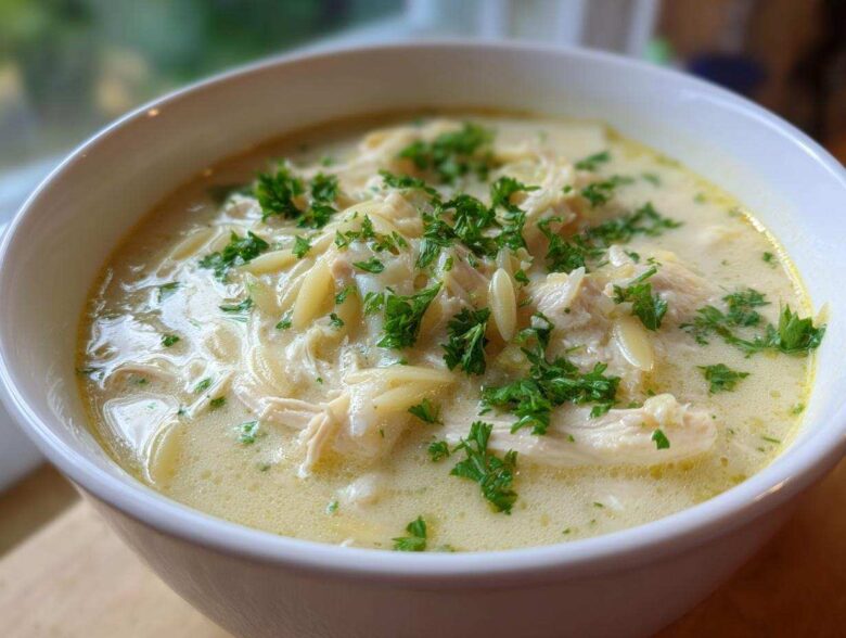 Close-up of a white bowl filled with Creamy Lemon Chicken Orzo Soup, topped with shredded chicken and fresh parsley.