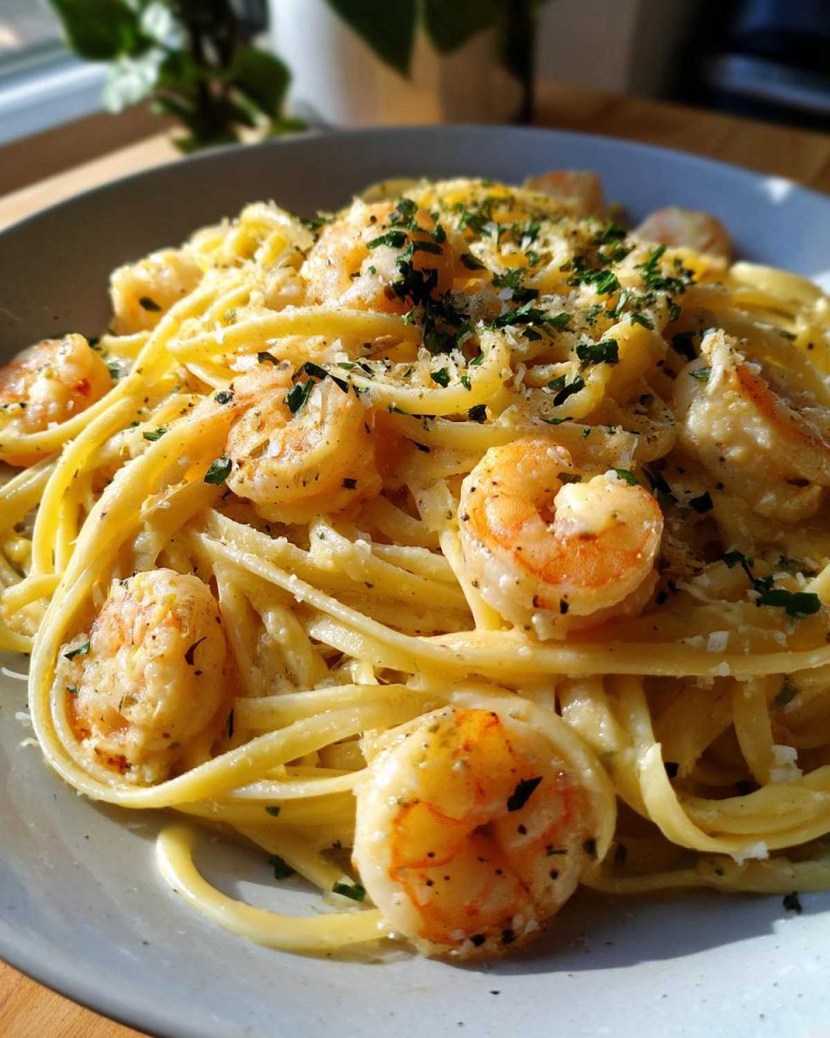 A close-up of a bowl of Creamy Lemon Garlic Shrimp Pasta, topped with fresh parsley and grated cheese.