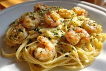 A close-up of rich Creamy Lemon Garlic Shrimp Pasta featuring plump shrimp tossed in a bright, creamy sauce and garnished with parsley.