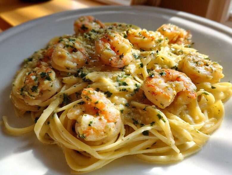 A close-up of rich Creamy Lemon Garlic Shrimp Pasta featuring plump shrimp tossed in a bright, creamy sauce and garnished with parsley.