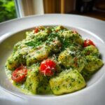 A close-up shot of tender gnocchi coated in vibrant green creamy pesto sauce, garnished with cherry tomatoes and grated cheese.