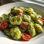 A close-up of fluffy gnocchi tossed in vibrant green pesto sauce with halved cherry tomatoes, representing Creamy Pesto Gnocchi.
