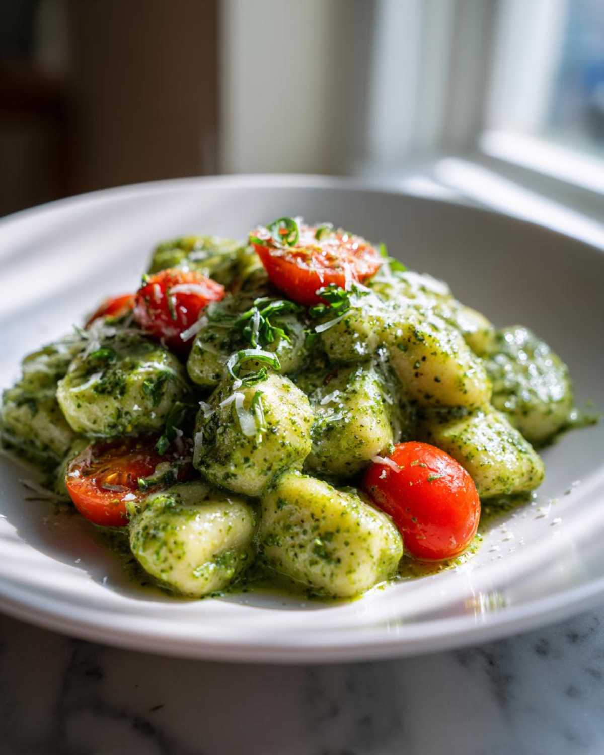Close-up of a white bowl filled with Creamy Pesto Gnocchi, topped with halved cherry tomatoes and grated Parmesan.