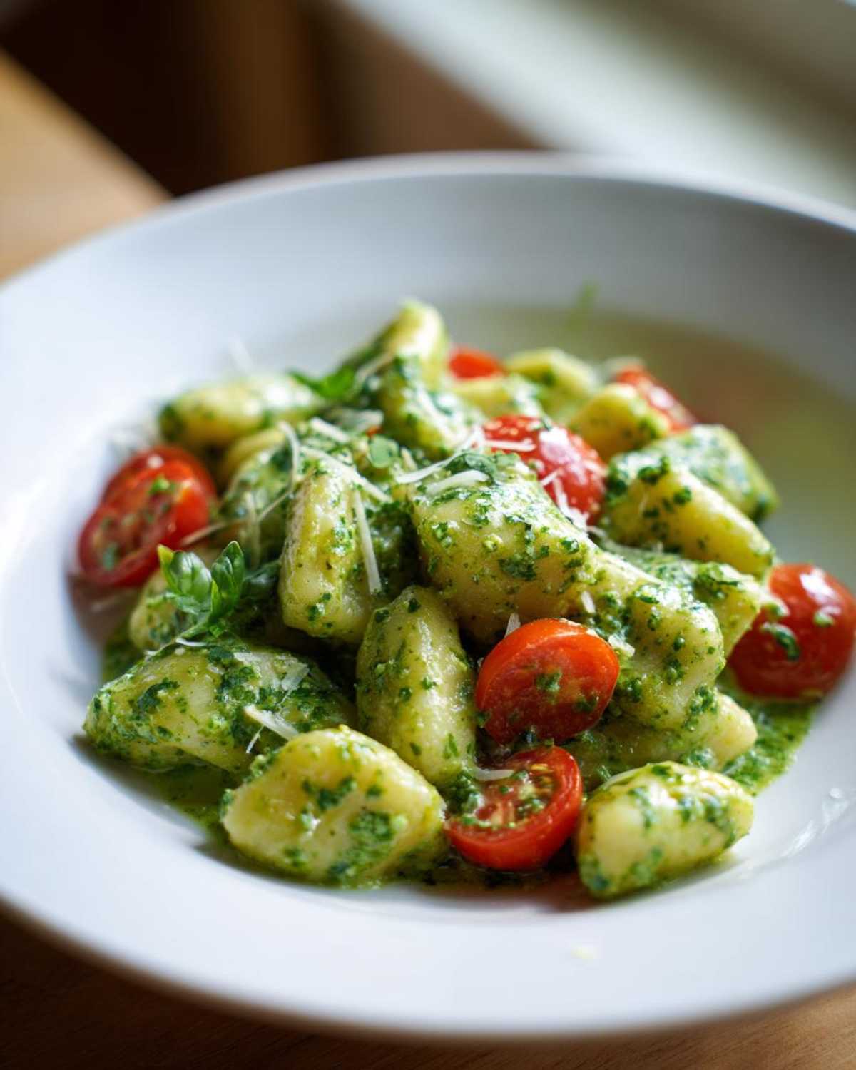 A close-up view of fluffy gnocchi coated in vibrant green pesto sauce, mixed with halved cherry tomatoes, serving as the perfect Creamy Pesto Gnocchi.