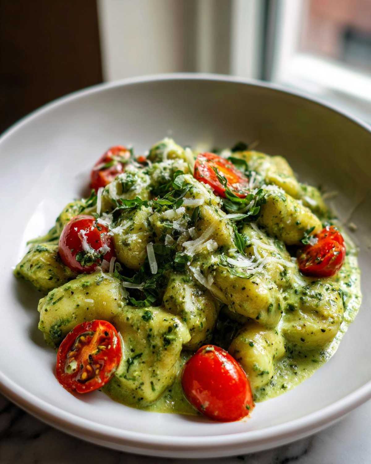 A close-up of a white bowl filled with Creamy Pesto Gnocchi topped with halved cherry tomatoes and grated Parmesan cheese.