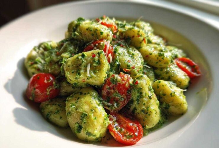 A close-up of fluffy gnocchi tossed in vibrant green pesto sauce with halved cherry tomatoes, representing Creamy Pesto Gnocchi.
