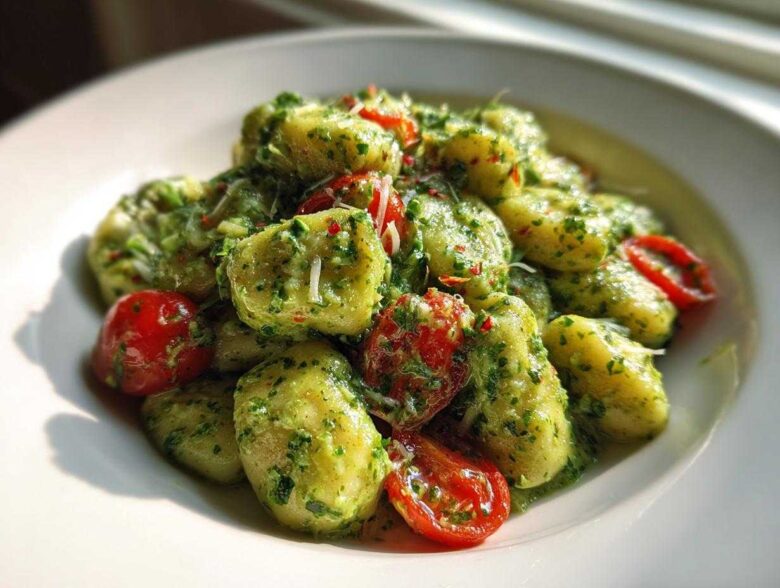 A close-up of fluffy gnocchi tossed in vibrant green pesto sauce with halved cherry tomatoes, representing Creamy Pesto Gnocchi.