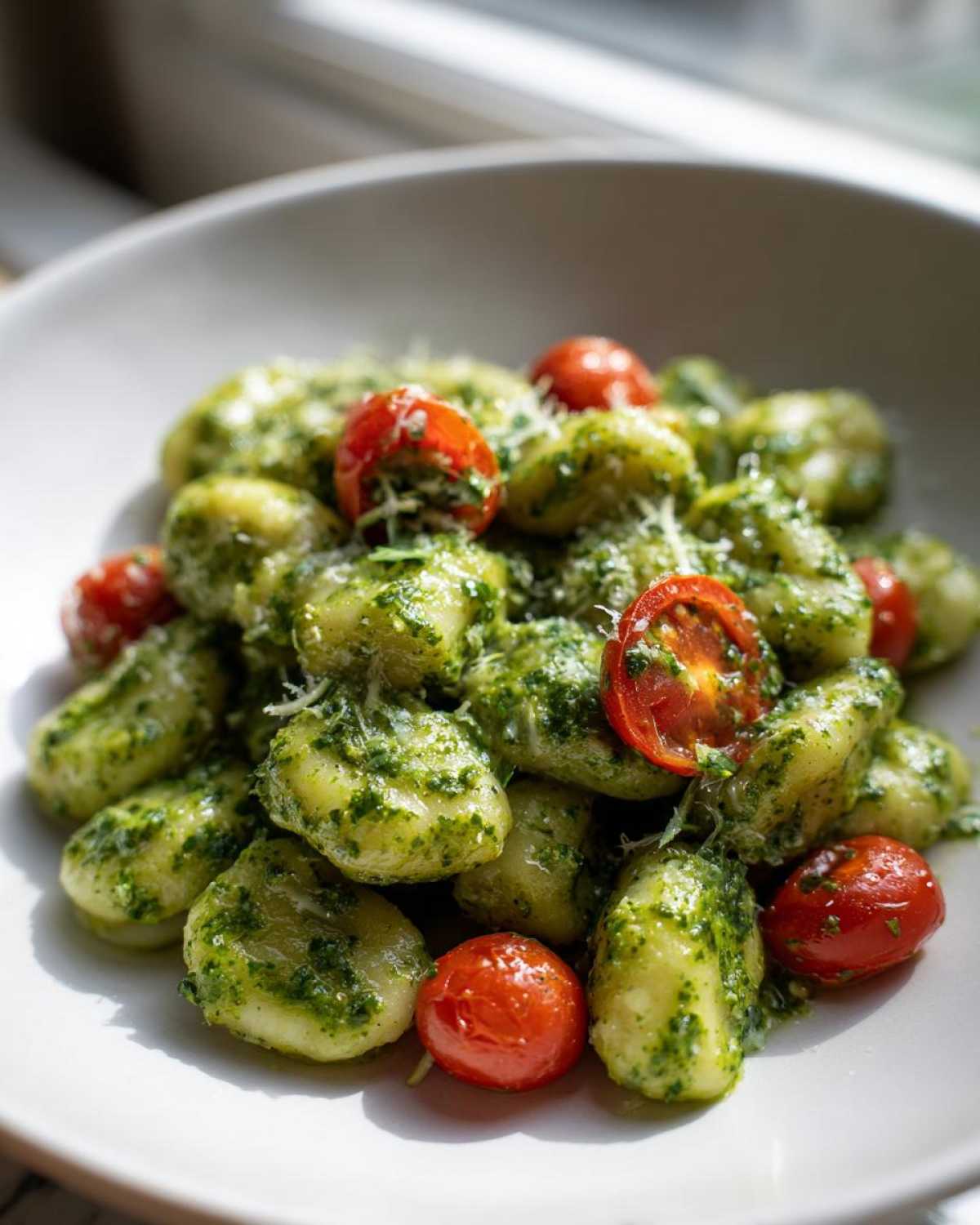 Close-up of tender gnocchi coated in vibrant green pesto sauce, topped with halved cherry tomatoes and grated cheese, showcasing the Creamy Pesto Gnocchi.