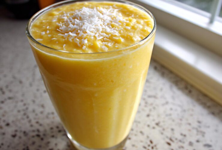 A tall glass filled with a thick, bright yellow Pineapple Coconut Smoothie, topped with shredded coconut.