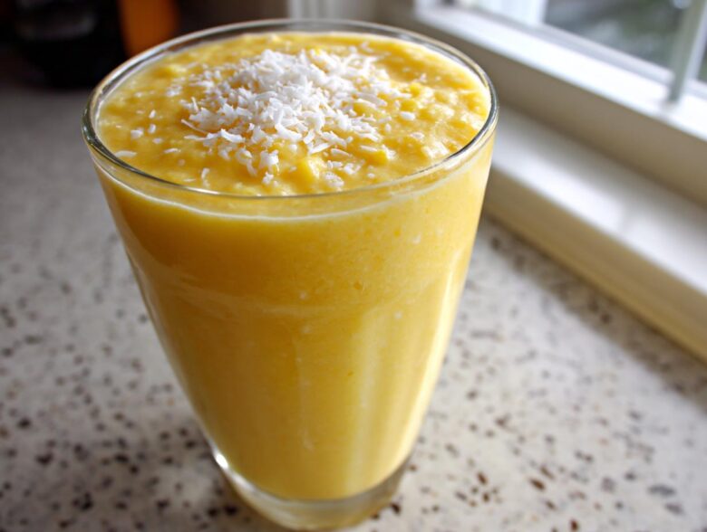 A tall glass filled with a thick, bright yellow Pineapple Coconut Smoothie, topped with shredded coconut.