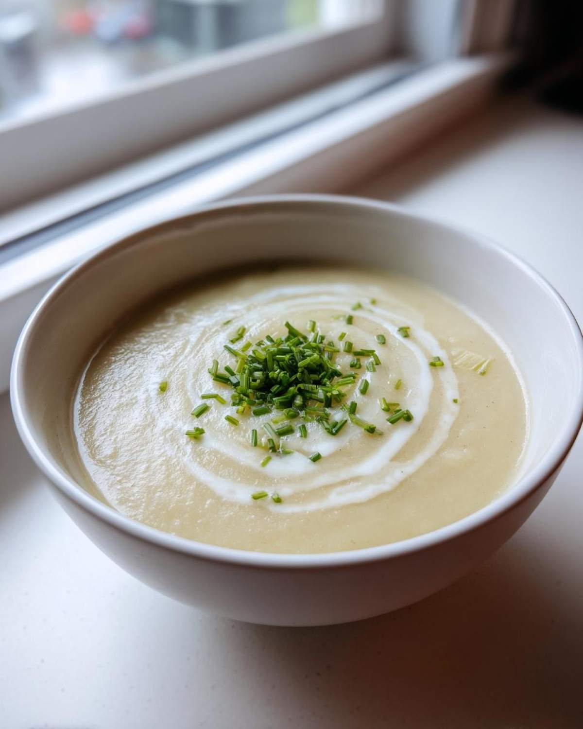A close-up of a bowl of creamy potato leek soup, garnished with a swirl of cream and fresh chopped chives.