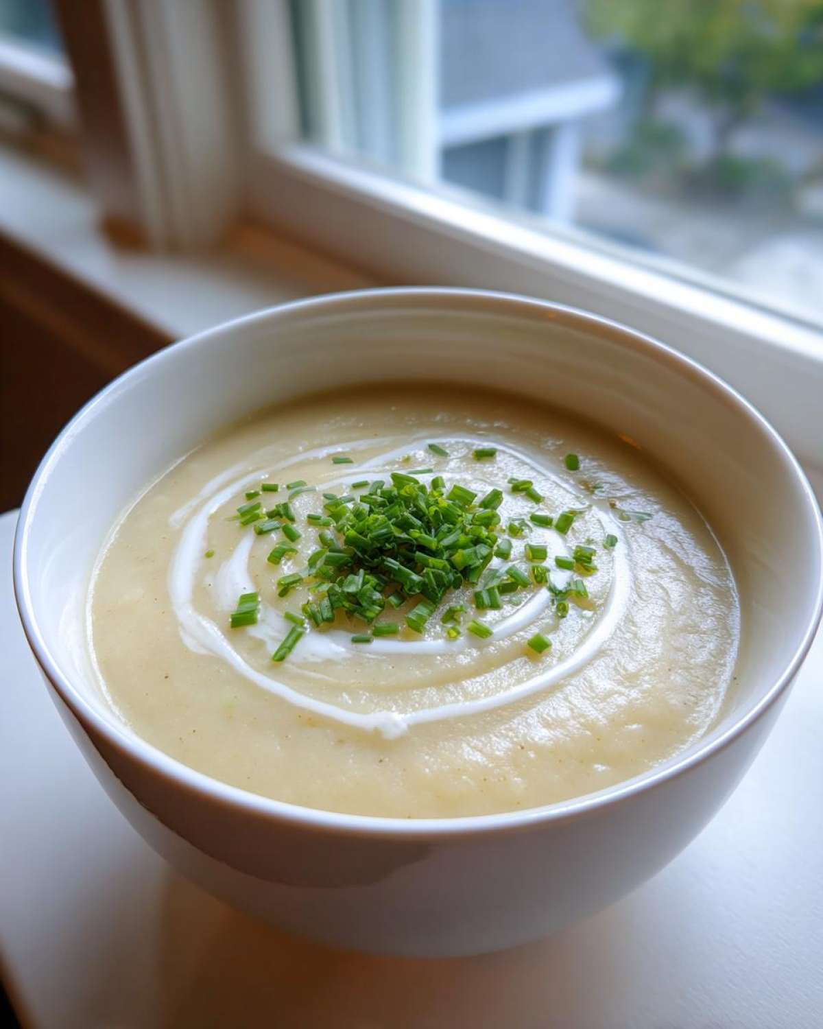 A close-up of a white bowl filled with hot Creamy Potato Leek Soup, garnished with a swirl of cream and fresh chopped chives.