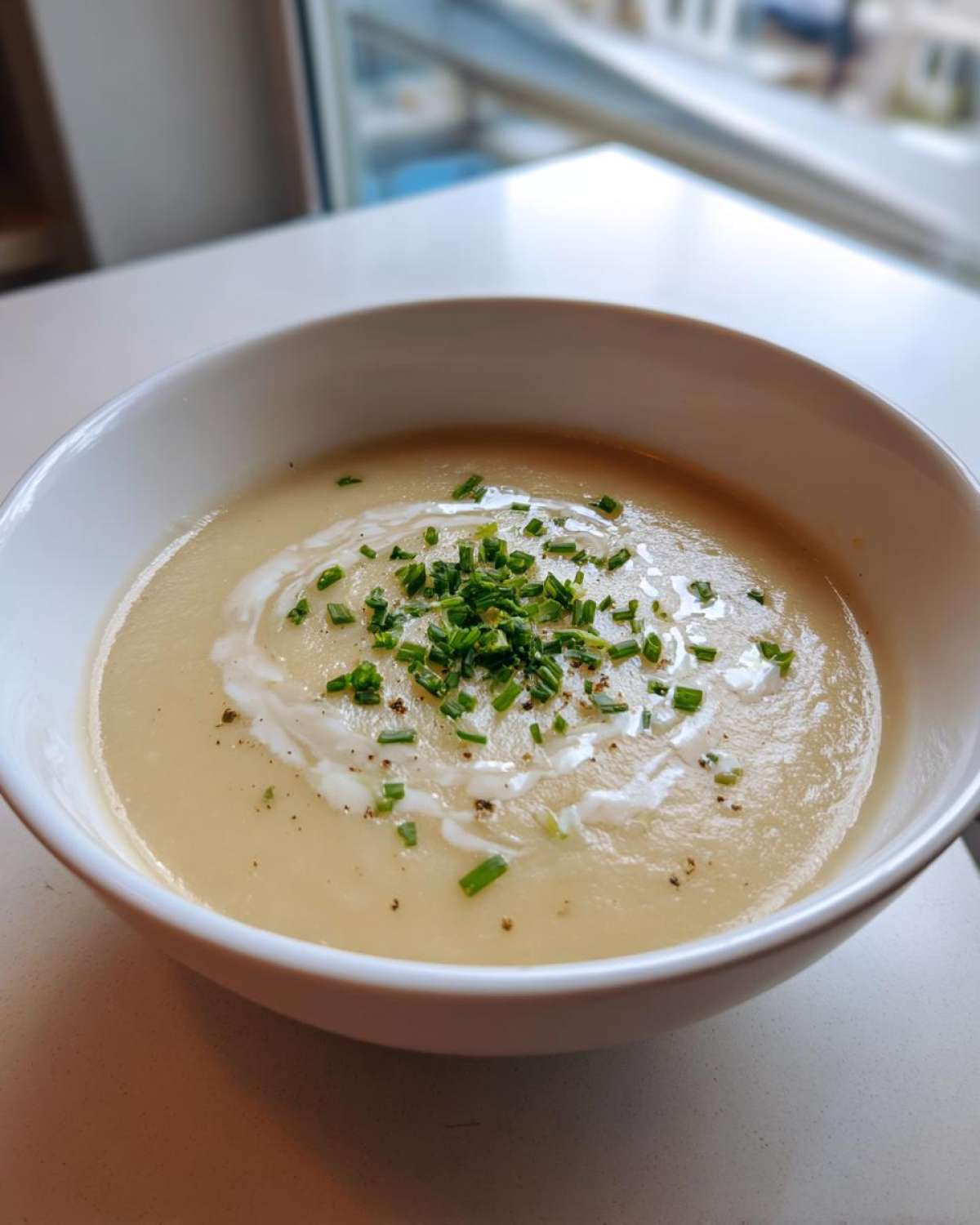 A close-up of a white bowl filled with smooth, creamy potato leek soup, garnished with cream swirl and fresh chives.