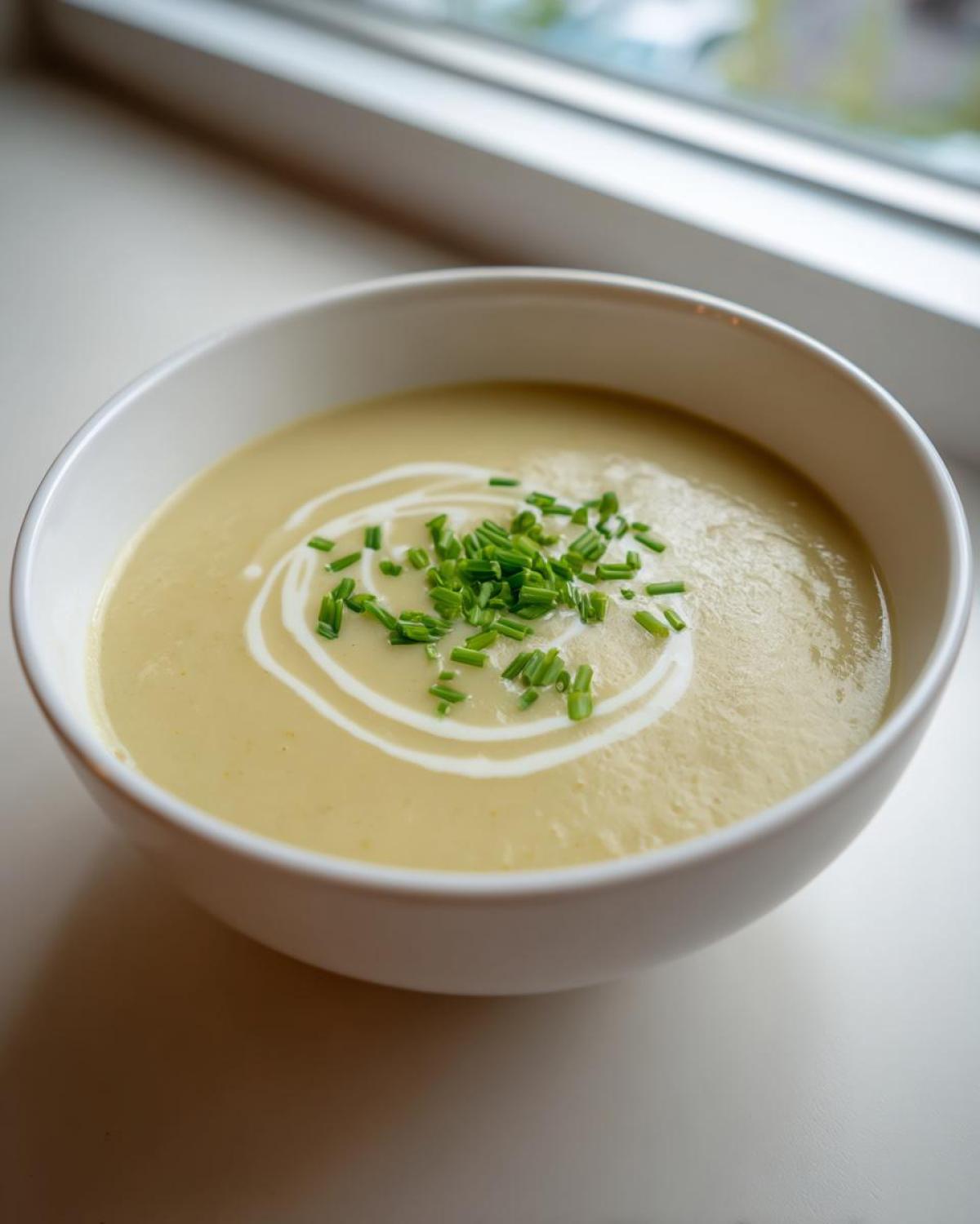 A white bowl filled with smooth, creamy potato leek soup, garnished with a swirl of cream and fresh chopped chives.