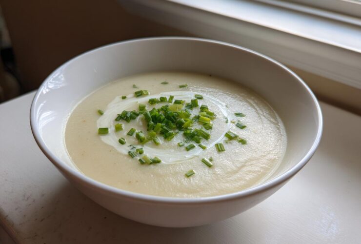 A white bowl filled with smooth, creamy potato leek soup, garnished with a swirl of cream and fresh chopped chives.