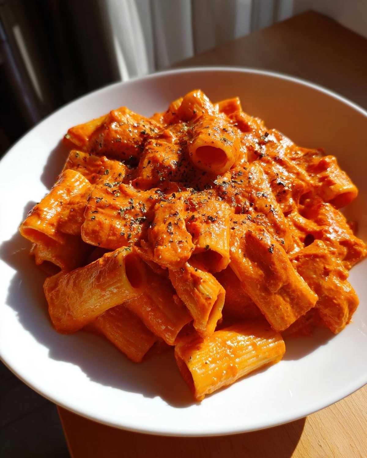 Close-up of rigatoni pasta coated in bright orange Creamy Roasted Red Pepper Pasta sauce, topped with dried herbs.