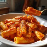 A fork lifts a piece of rigatoni pasta coated in rich sauce from a bowl of Creamy Roasted Red Pepper Pasta, showing cheese pull.
