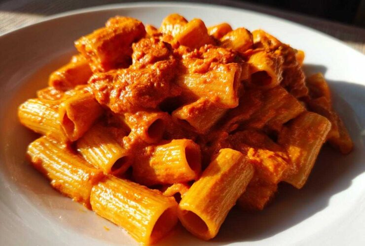 Close-up of rigatoni pasta coated in a rich, orange-red sauce, showcasing the Creamy Roasted Red Pepper Pasta.