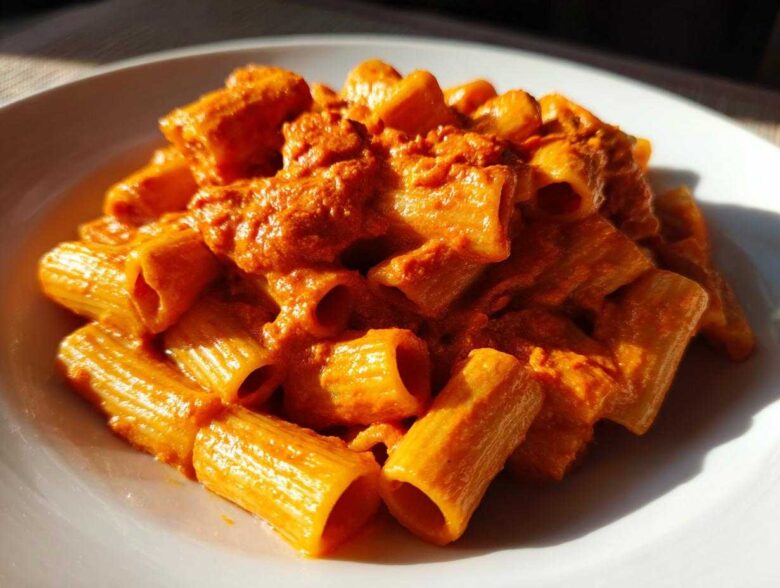 Close-up of rigatoni pasta coated in a rich, orange-red sauce, showcasing the Creamy Roasted Red Pepper Pasta.