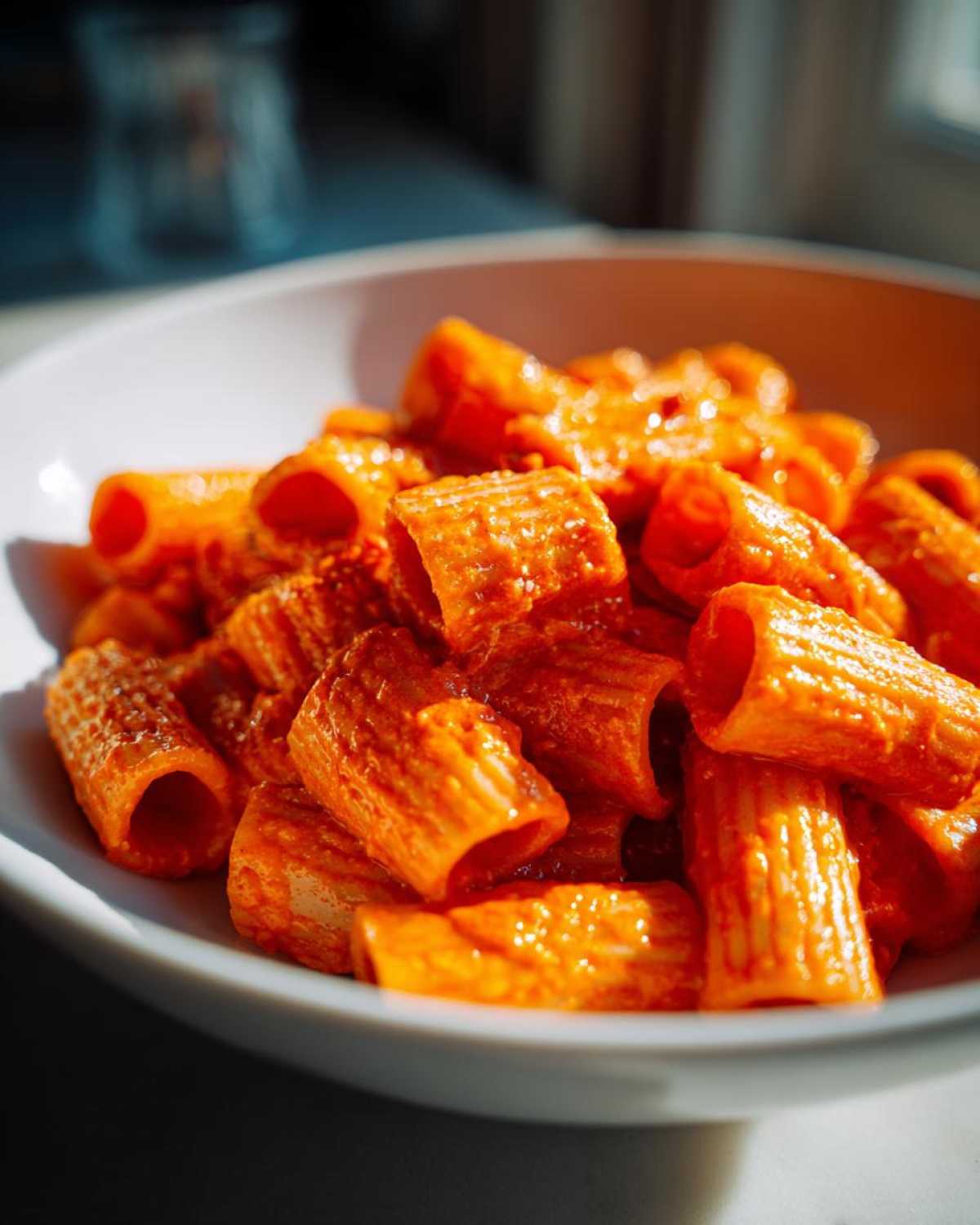 Close-up shot of rigatoni pasta coated in a vibrant orange sauce, representing Creamy Roasted Red Pepper Pasta.