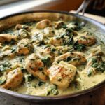 Close-up of seared chicken pieces swimming in a rich, creamy spinach artichoke sauce in a stainless steel skillet.