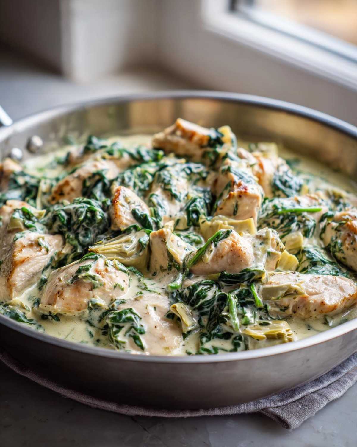 Close-up of seared chicken pieces covered in a rich, creamy sauce with spinach and artichoke hearts in a stainless steel skillet.