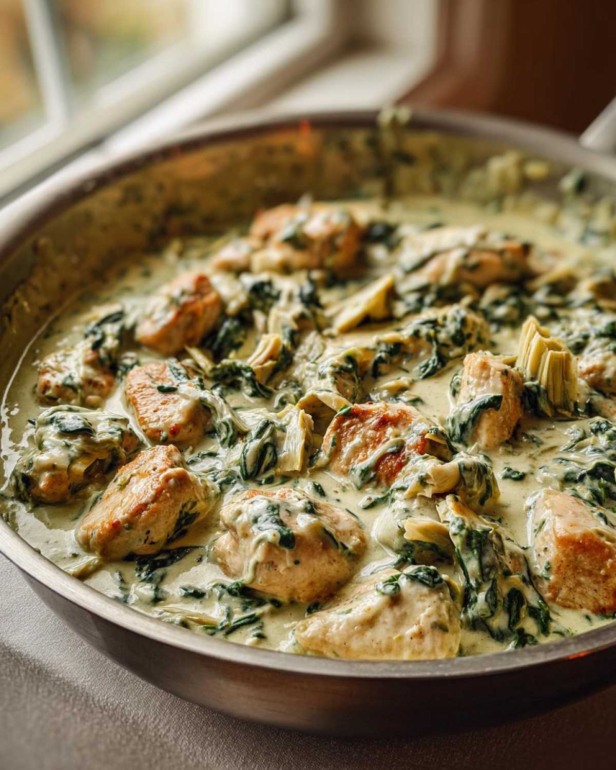 Close-up of seared chicken pieces swimming in a rich, creamy spinach artichoke sauce in a stainless steel skillet.