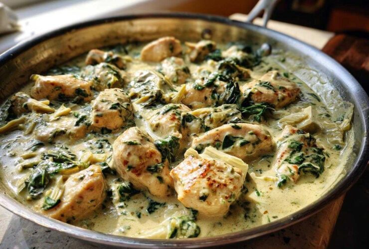 Close-up of seared chicken pieces swimming in a rich, creamy spinach artichoke sauce in a stainless steel skillet.