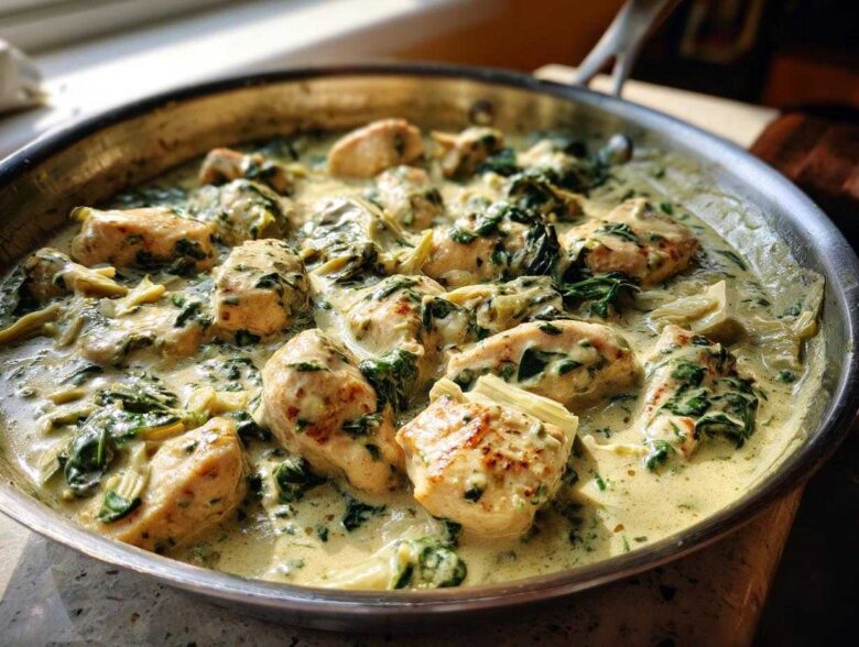 Close-up of seared chicken pieces swimming in a rich, creamy spinach artichoke sauce in a stainless steel skillet.