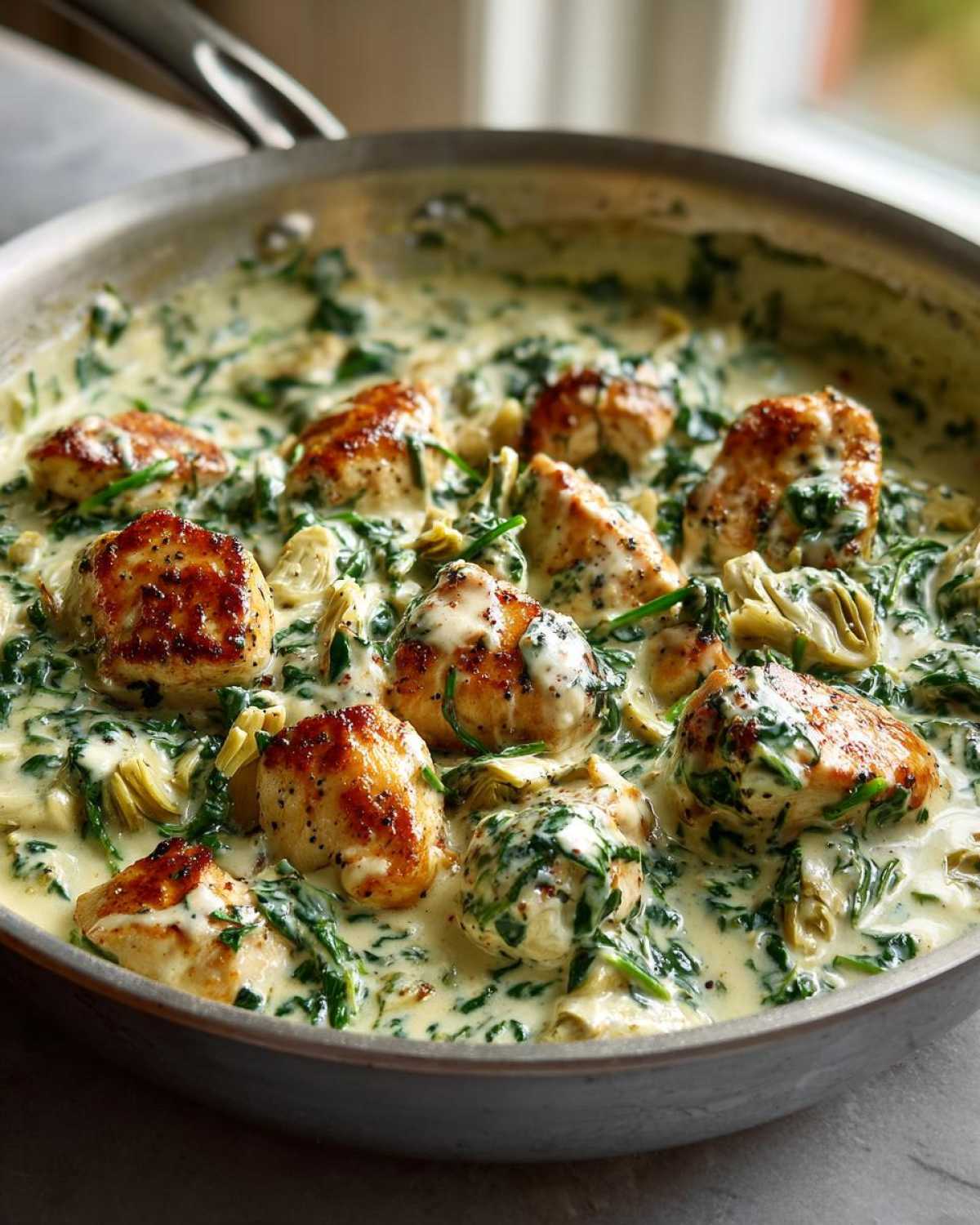 Golden seared chicken pieces simmering in a rich, creamy spinach artichoke sauce in a skillet.