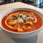 A close-up of a white bowl filled with rich Creamy Tomato Tortellini Soup, topped with shredded Parmesan and fresh parsley.