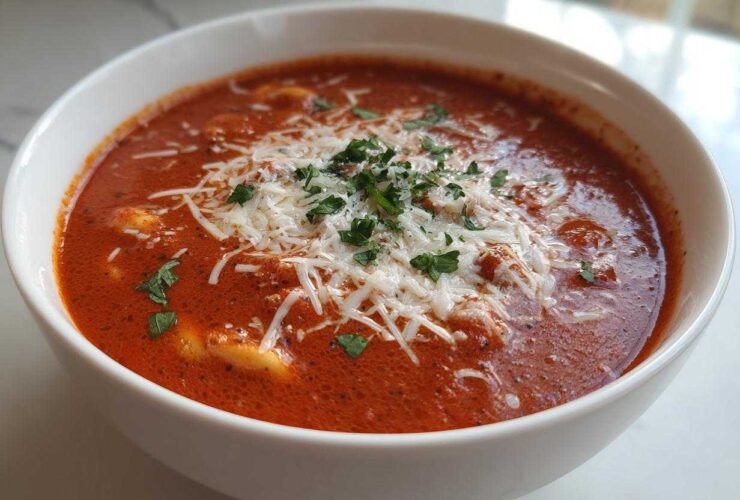 A close-up of a white bowl filled with rich, red Creamy Tomato Tortellini Soup, topped with shredded Parmesan cheese and fresh parsley.