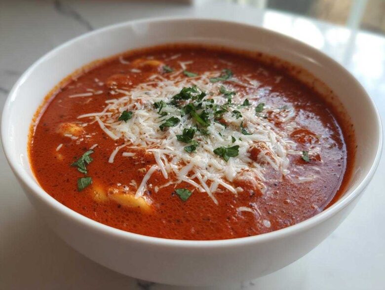 A close-up of a white bowl filled with rich, red Creamy Tomato Tortellini Soup, topped with shredded Parmesan cheese and fresh parsley.