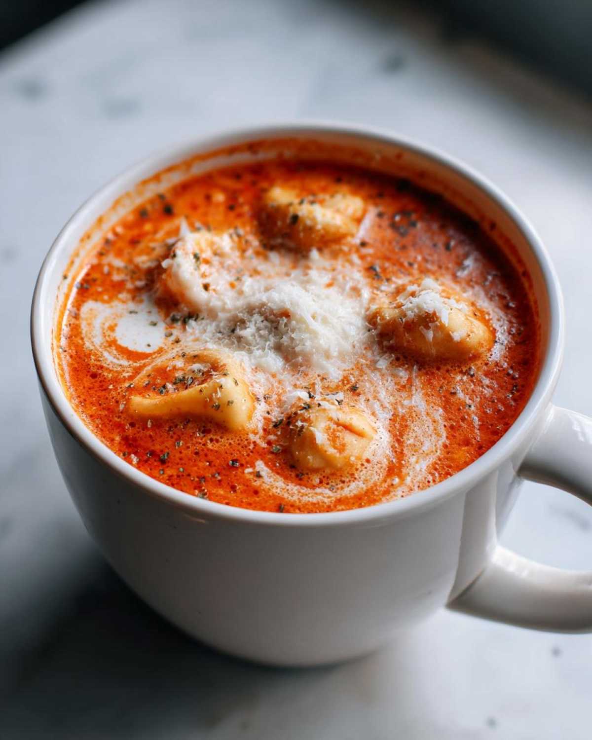 A close-up view of rich, orange-red Creamy Tomato Tortellini Soup topped with cheese and herbs in a white mug.